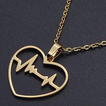 201 Stainless Steel Pendants Necklaces, with Cable Chains and Lobster Claw Clasps, Heart with Heartbeat, Golden, 17.71 inch(45cm), 1.5mm