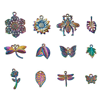 24Pcs 12 Style Plated Rainbow Color Alloy Pendants, Cadmium Free & Lead Free, 11~32x13~28x2~3.5mm, Hole: 1.8~2.5mm, 2pcs/style