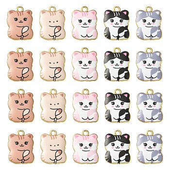 30Pcs 5 Style Printed Alloy Pendants, Golden, Cadmium Free & Nickel Free & Lead Free, Cat Shape Charms, Mixed Color, 22x17x3mm, Hole: 2mm, 6pcs/style