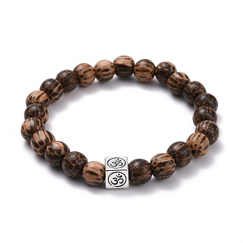 Waxed Natural Bodhi Wood Round Beads Stretch Bracelet, Om Symbol Alloy Cube European Beads Yoga Bracelet for Men Women, Saddle Brown, Inner Diameter: 2-1/8 inch(5.4cm)
