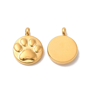 Ion Plating(IP) 304 Stainless Steel Charms, Flat Round with Paw Print Charm, Real 14K Gold Plated, 10x8x2.5mm, Hole: 1.4mm