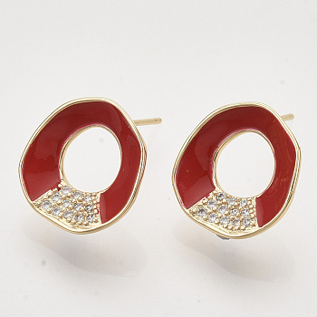 Brass Micro Pave Cubic Zirconia Stud Earring Findings, Enamel and Loop, Nickel Free, Real 18K Gold Plated, Ring, Red, 15x14.5mm, Hole: 1mm, Pin: 0.7mm