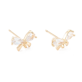 Brass Micro Pave Clear Cubic Zirconia Stud Earring Findings, with 925 Sterling Silver Pin, with Loop, Butterfly, Real 14K Gold Plated, 7x11mm, Hole: 1.2mm, Pin: 0.7mm