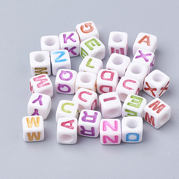 Acrylic Beads, Horizontal Hole, Cube with Mixed Color Letter, Letter, 6x6x6mm, Hole: 3mm, about 2600pcs/500g