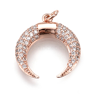 Brass Micro Pave Cubic Zirconia Pendants, with Jump Rings, Double Horn/Crescent Moon Pendant, Rose Gold, 21x19x3.5mm, Hole: 3mm(ZIRC-Q013-37RG)