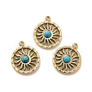 304 Stainless Steel Pave Dyed Synthetic Turquoise Sun Charms, Real 14K Gold Plated, 14.5x12x3mm, Hole: 1.4mm(STAS-B074-05G-02)