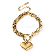 304 Stainless Steel Bracelet, Heart, Golden, 5-7/8 inch(15cm)(STAS-Z055-01G)