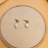 Stainless Steel Stud Earrings, with Freshwater Pearl Pendant for Women, Golden(PY1102-3)