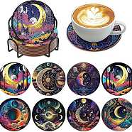 DIY Moon Theme Fancy Scenery Diamond Painting Round Acrylic Cup Mat Kits, Including Cork, Coster Holder, Resin Rhinestones, Diamond Sticky Pen, Tray Plate & Glue Clay, Mixed Color, Packaging: 130x126x80mm(DIY-H163-07)