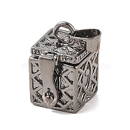 Carved Cuboid Rack Plating Brass Prayer Box Pendants, Wish Box, Gunmetal, 17x11x17mm, Hole: 5x3mm(KK-L101-28B)