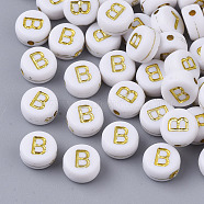 Plating Acrylic Beads, Golden Metal Enlaced, Horizontal Hole, Flat Round with Alphabet, White, Letter.B, 7x3.5mm, Hole: 1.2mm, about 3600pcs/500g(PACR-R242-01B)