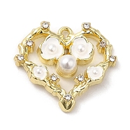 Spray Painted Alloy Pendants, Glass with CCB Pearls, Hollow out with Heart, Golden, 17x19.5x5mm, Hole: 1mm(PALLOY-D019-11G-01)