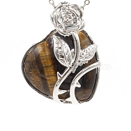 Valentine's Day Theme Natural Tiger Eye Pendants, with Platinum Plated Brass Findings, Heart with Flower, 40x40mm(PW-WG95847-03)