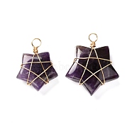 Natural Amethyst Pendants, with Real 18K Gold Plated Eco-Friendly Copper Wire, Star, 25~34x19~29x9~10.5mm, Hole: 4~4.5mm(PALLOY-JF00923-01)