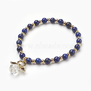 Natural Lapis Lazuli(Dyed) Beads Stretch Charm Bracelets, with Brass and Alloy Findings, Angel, 2-1/8 inch(5.4cm), Charm: 21x19x10mm(BJEW-JB03857-02)