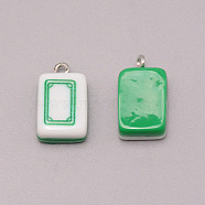 Resin Pendants, with Iron Finding, Imitation Mahjong Tiles, Green, Rectangle, White Dragon, 19.5~20.5x11.5x7~7.5mm, Hole: 2mm(RESI-WH0025-04)