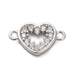 925 Sterling Silver Micro Pave Cubic Zirconia Connector Charms, Hollow Heart Charms, Rhodium Plated, Platinum, 7x11.5x2mm, Hole: 1mm(STER-U009-03P-02)