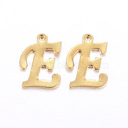 201 Stainless Steel Pendants, Letter, Golden, Letter.E, 13.5x10x1mm, Hole: 1mm(STAS-O098-03G-E)