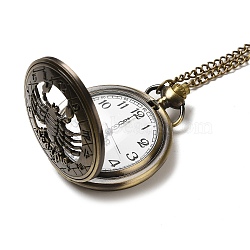 Alloy Glass Pendant Pocket Necklace, Electronic Watches, with Iron Chains and Lobster Claw Clasps, Flat Round with Scorpion, Antique Bronze, 16.14 inch(41cm), watches: 59x47x14mm(WACH-S002-08AB)