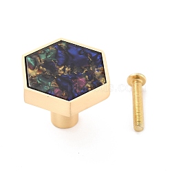Hexagon with Marble Pattern Brass Box Handles & Knobs, with Resin Cabochons and Iron Screws, Matte Gold Color, Colorful, 29.5x34x24.5mm, Hole: 3.5mm(DIY-P054-C04)
