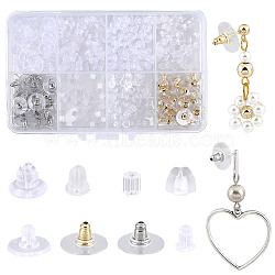 SUNNYCLUE 320Pcs 8 Style Plastic & 304 Stainless Steel & Silicone Ear Nuts, Bell & Full-covered & Bullet Clutch Earring Backs, Clear, 3~12x3~12x3~6mm, Hole: 0.5~1mm, 40Pcs/style(FIND-SC0004-81)