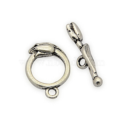 Brass Ring Toggle Clasps, Rose Flower, Nickel Free, Antique Silver, Ring: 18x13x3mm, hole: 1mm, Bar: 21x5x3mm, Hole: 1mm(KK-J185-33AS-NF)