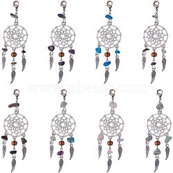 Alloy Pendants, Woven Net/Web with Feather, with Gemstone Beads and Brass Lobster Claw Clasps, Antique Silver and Platinum, Antique Silver, 85.5mm(HJEW-NB0001-09AS)