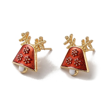 Christmas Bell Alloy Enamel Stud Earrings for Women, with 304 Stainless Steel Pin, Cadmium Free & Nickel Free & Lead Free, Light Gold, 16.5x13mm, Pin: 0.8mm