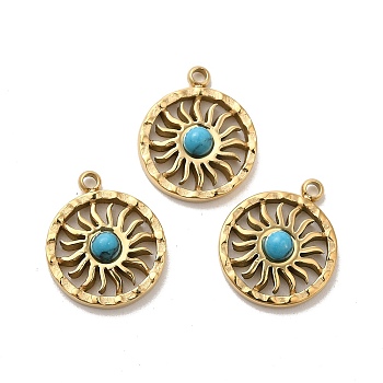 304 Stainless Steel Pave Dyed Synthetic Turquoise Sun Charms, Real 14K Gold Plated, 14.5x12x3mm, Hole: 1.4mm