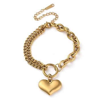 304 Stainless Steel Bracelet, Heart, Golden, 5-7/8 inch(15cm)