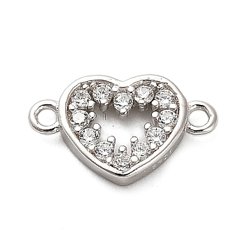 925 Sterling Silver Micro Pave Cubic Zirconia Connector Charms, Hollow Heart Charms, Rhodium Plated, Platinum, 7x11.5x2mm, Hole: 1mm