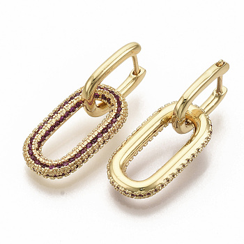 Brass Micro Pave Cubic Zirconia Dangle Hoop Earrings, Oval, Real 16K Gold Plated, Camellia, 31mm, Pin: 0.7x1mm