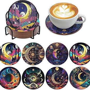 DIY Moon Theme Fancy Scenery Diamond Painting Round Acrylic Cup Mat Kits, Including Cork, Coster Holder, Resin Rhinestones, Diamond Sticky Pen, Tray Plate & Glue Clay, Mixed Color, Packaging: 130x126x80mm