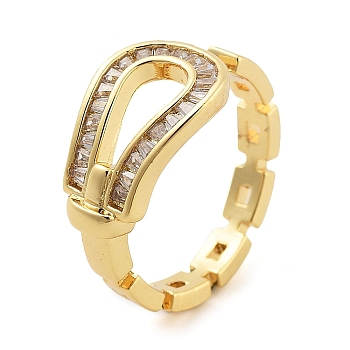 Rack Plating Brass Clear Cubic Zirconia Belt Shape Open Cuff Rings for Women, Cadmium Free & Lead Free, Long-Lasting Plated, Real 18K Gold Plated, Inner Diameter: 18mm