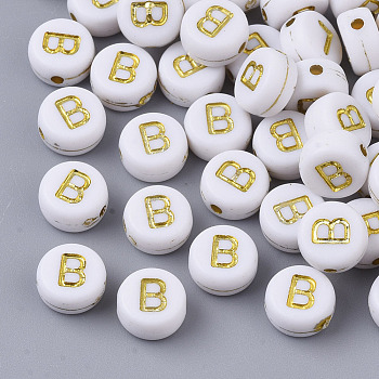 Plating Acrylic Beads, Golden Metal Enlaced, Horizontal Hole, Flat Round with Alphabet, White, Letter.B, 7x3.5mm, Hole: 1.2mm, about 3600pcs/500g