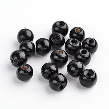 Natural Maple Wood Beads, Dyed, Round, Black, about 12mm in diameter, 10.5mm thick, hole: 3mm