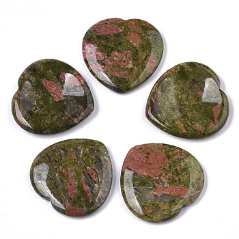 Natural  Unakite Thumb Worry Stone, Pocket Palm Stones, for Healing Reiki Stress Relief, Heart Shape, 39~40x39~40x5~6mm