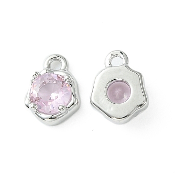Brass Micro Pave Cubic Zirconia Charms, Irregular Shape Charm, Real Platinum Plated, Pink, 9x7x3mm, Hole: 1.4mm