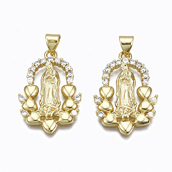 5Pcs Brass Micro Pave clear Cubic Zirconia Pendants, Nickel free, Virgin Mary, Real 16K Gold Plated, 25x17x3mm, Hole: 3x5mm