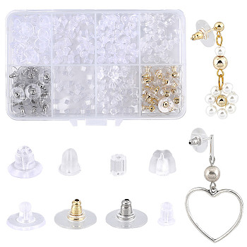 320Pcs 8 Style Plastic & 304 Stainless Steel & Silicone Ear Nuts, Bell & Full-covered & Bullet Clutch Earring Backs, Clear, 3~12x3~12x3~6mm, Hole: 0.5~1mm, 40Pcs/style