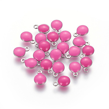 304 Stainless Steel Enamel Charms, Enamelled Sequins, Flat Round, Stainless Steel Color, Hot Pink, 13.5x10x3.5~4mm, Hole: 1.4mm