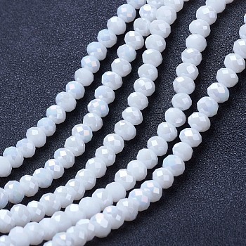 Electroplate Glass Beads Strands, Opaque Solid Color, AB Color Plated, Faceted, Rondelle, White, 10x8mm, Hole: 1mm, about 65~66pcs/strand, 20.8~21.2 inch(53~54cm)