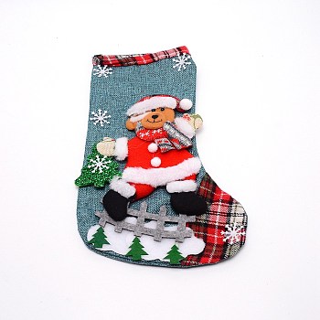 Bear Cloth Hanging Christmas Stocking, with Plaid Pattern, Candy Gift Bag, for Christmas Tree Decoration, Cadet Blue, 309x192x24mm