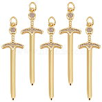 5Pcs Brass Micro Pave Clear Cubic Zirconia Pendants, with Jump Rings, Nickel Free, Sword Shape Charm, Real 16K Gold Plated, 43x12x2.5mm, Hole: 3mm(ZIRC-BBC002-06)
