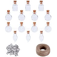 Glass Jar Glass Bottles, with Iron Screw Eye Pin Bail Peg and Jute Twine, Mixed Color, 24.5~29x14.5~20mm, Capacity: 1ml/2ml/2.5ml(AJEW-PH0015-06)