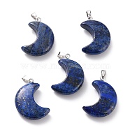 Natural Lapis Lazuli Pendants, with Platinum Brass Loops, Moon, 29x18~21x7~10mm, Hole: 6x3mm(G-Z022-02N)