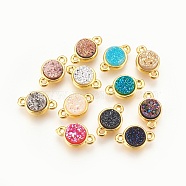 Brass Links connectors, with Druzy Resin, Flat Round, Golden, Mixed Color, 12x7.5x4~4.5mm, Hole: 1mm(KK-O107-04G)