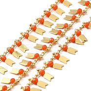 Glass Beaded Arrow Charm Chains, with Real 18K Gold Plated Brass Rope Chains, Soldered, with Spool, Tomato, 1.5mm(CHC-A006-12G-02)