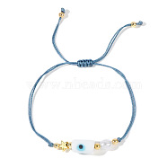 Adjustable Fashionable Column & Evil Eye Lampwork Braided Bead Bracelets,  with plastic imitation pearl and Brass Beads, White, 11 inch(28cm)(MM0752)