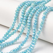 Electroplate Opaque Glass Beads Strands, Full Rainbow Plated, Faceted, Rondelle, Cyan, 4x3mm, Hole: 0.4mm, about 123~127pcs/strand, 16.5~16.9 inch(42~43cm)(EGLA-A034-P4mm-T11)